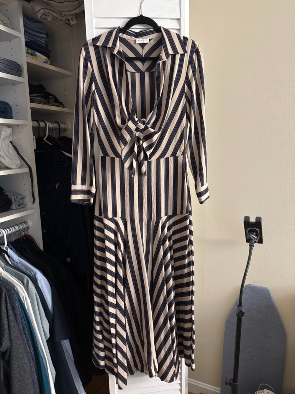 Sandro Vilna Knotted Striped Twill Shirtdress Midi Dress — Size S (FR 36)